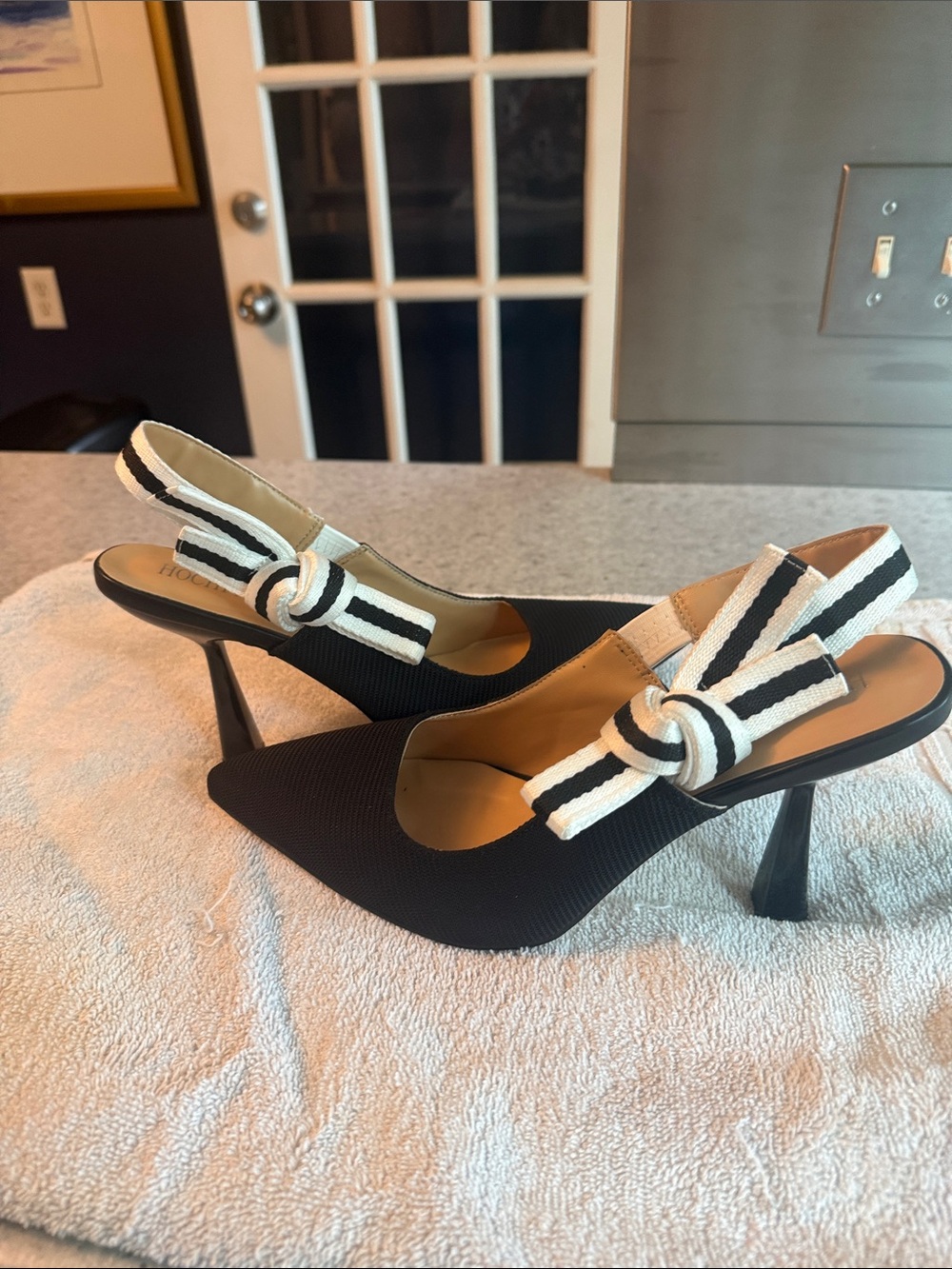 Black Pointed Slingback Heels with Striped Knot Detail